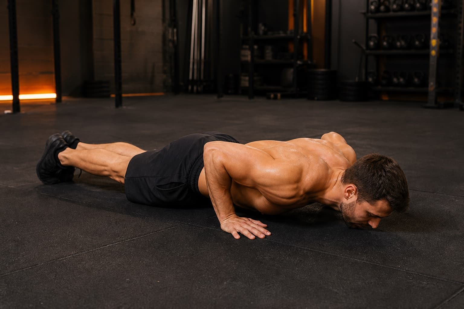 Athlete in the controlled chest-to-floor position of a burpee with hands beside the chest