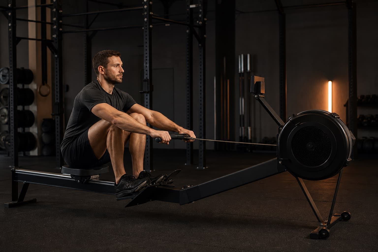 Athlete in the rowing machine catch position with straight arms and a neutral spine
