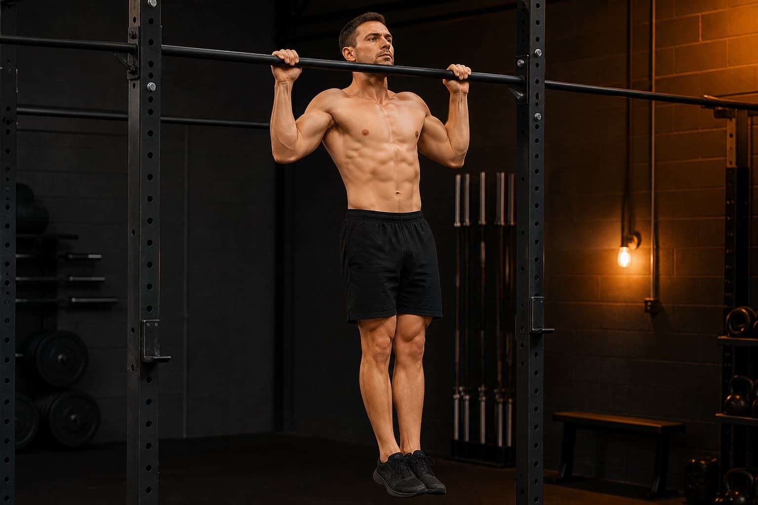 Athlete holding the top of a strict pull-up with chin above the bar and shoulders active