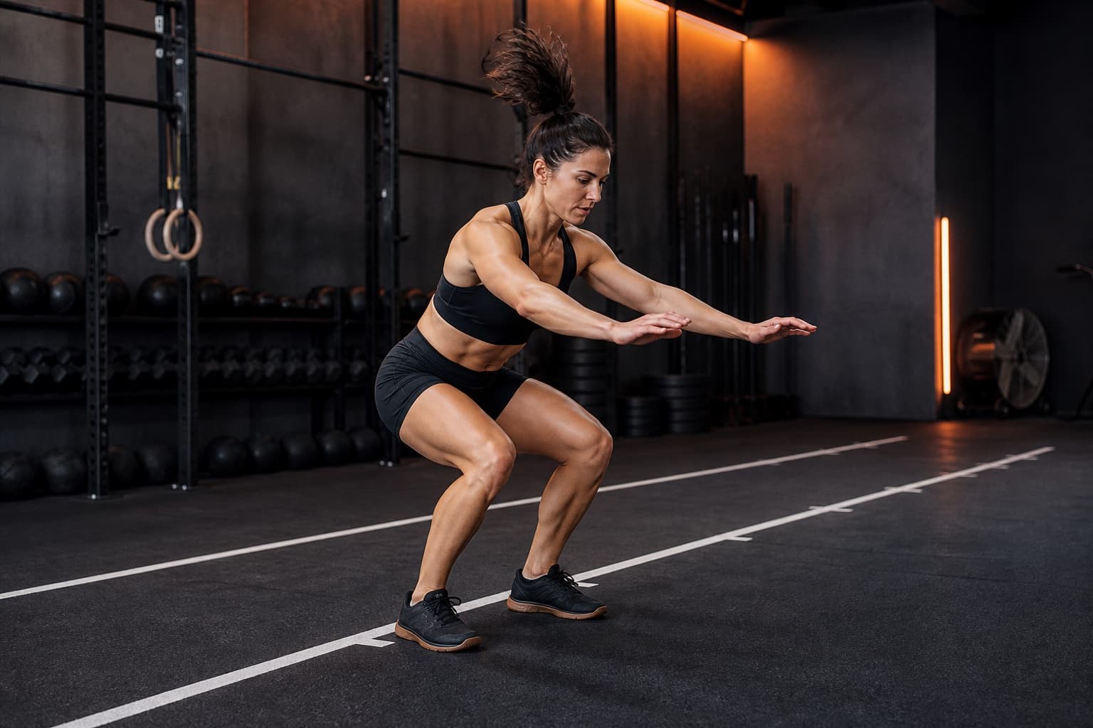 Athlete landing a burpee broad jump on both feet with soft knees and hips back