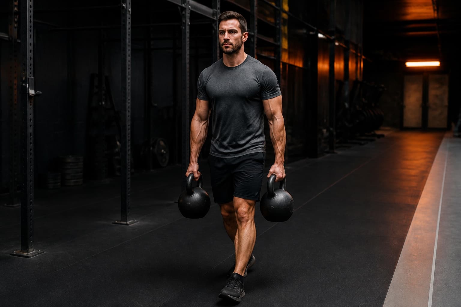 Athlete walking tall with two kettlebells held still at the sides during a farmer carry