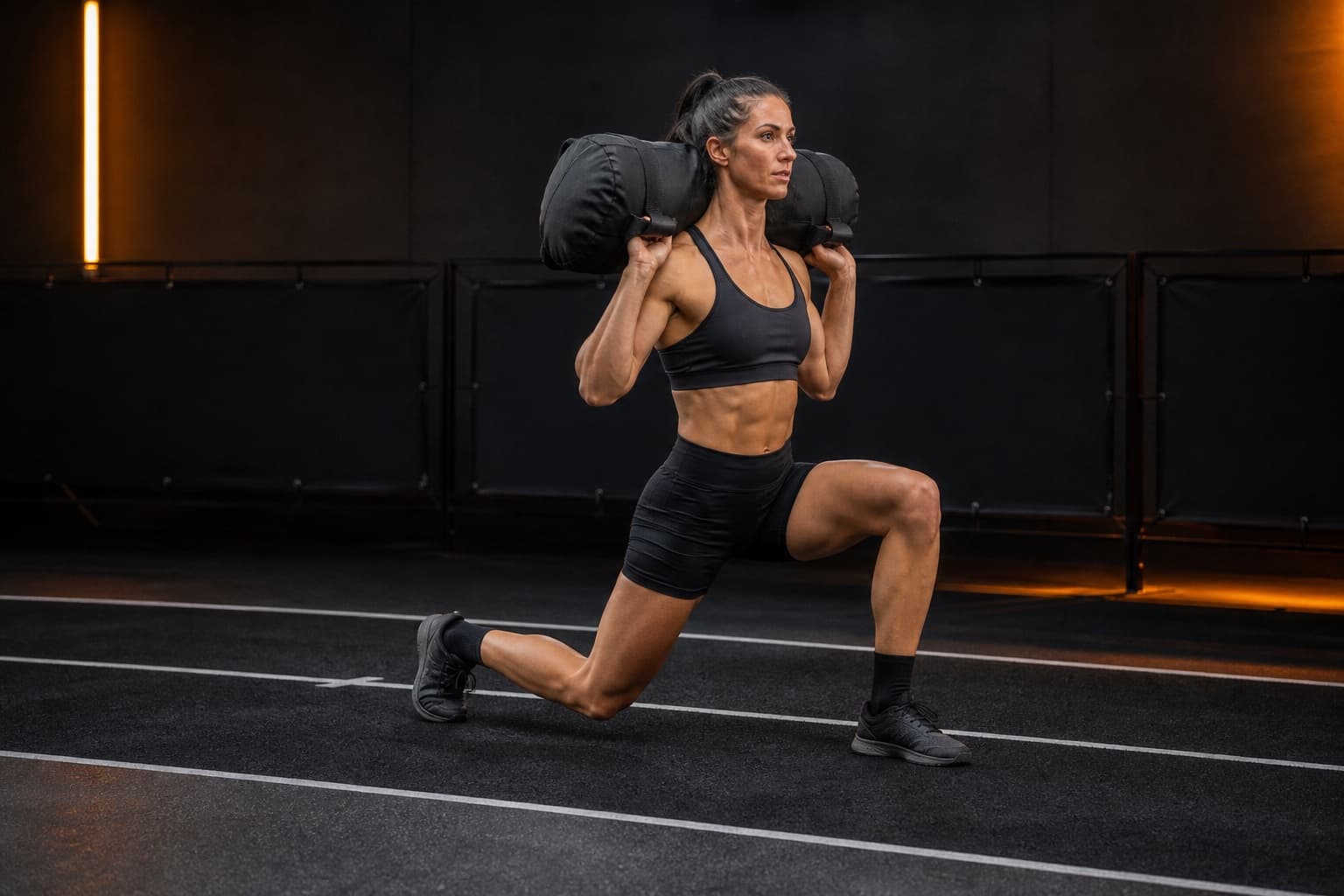 Athlete performing a sandbag walking lunge with an upright torso and aligned front knee