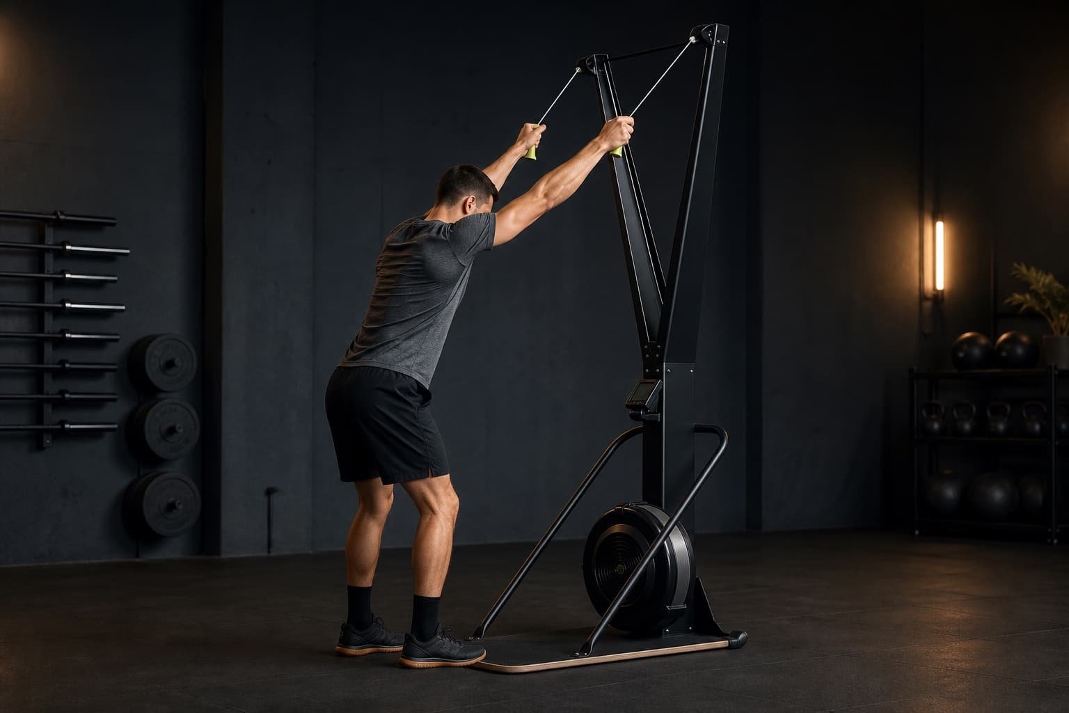 Athlete starting a SkiErg pull with straight arms, soft knees and a neutral spine
