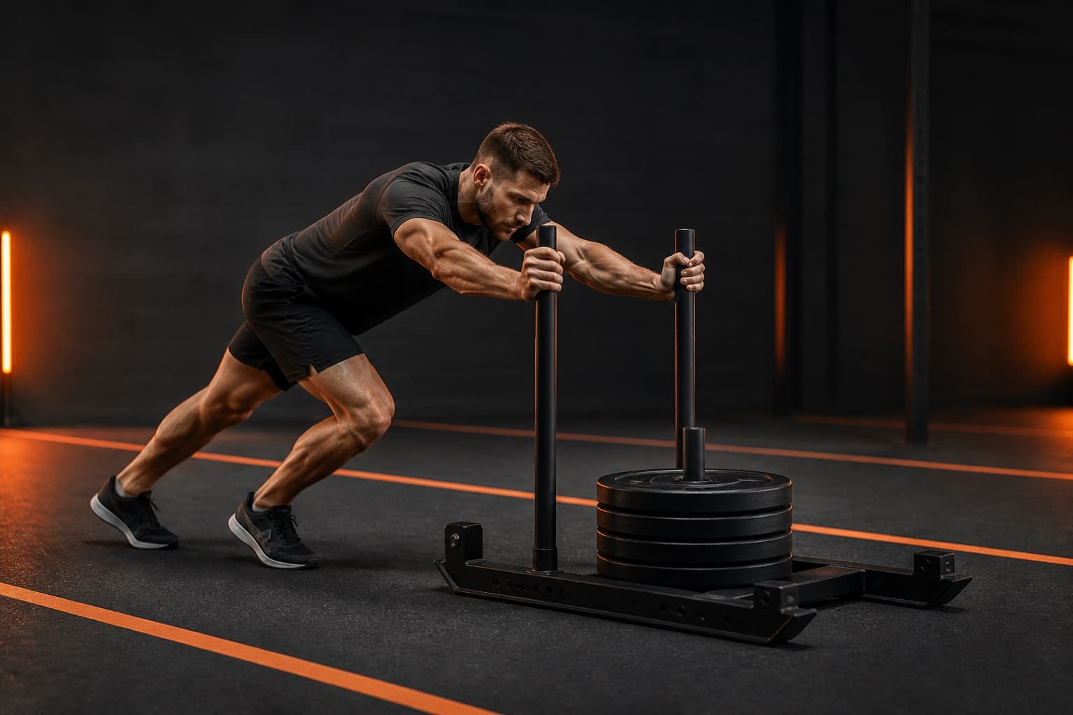 Athlete using a low body angle and short steps to push a weighted sled